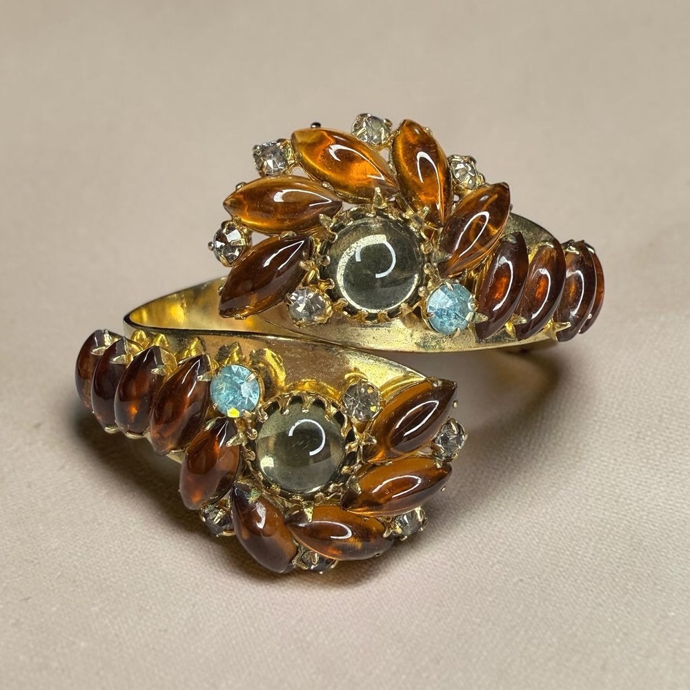Vintage Alice Caviness Gold Tone Bypass Clamper Bracelet Marquise Rhinestones